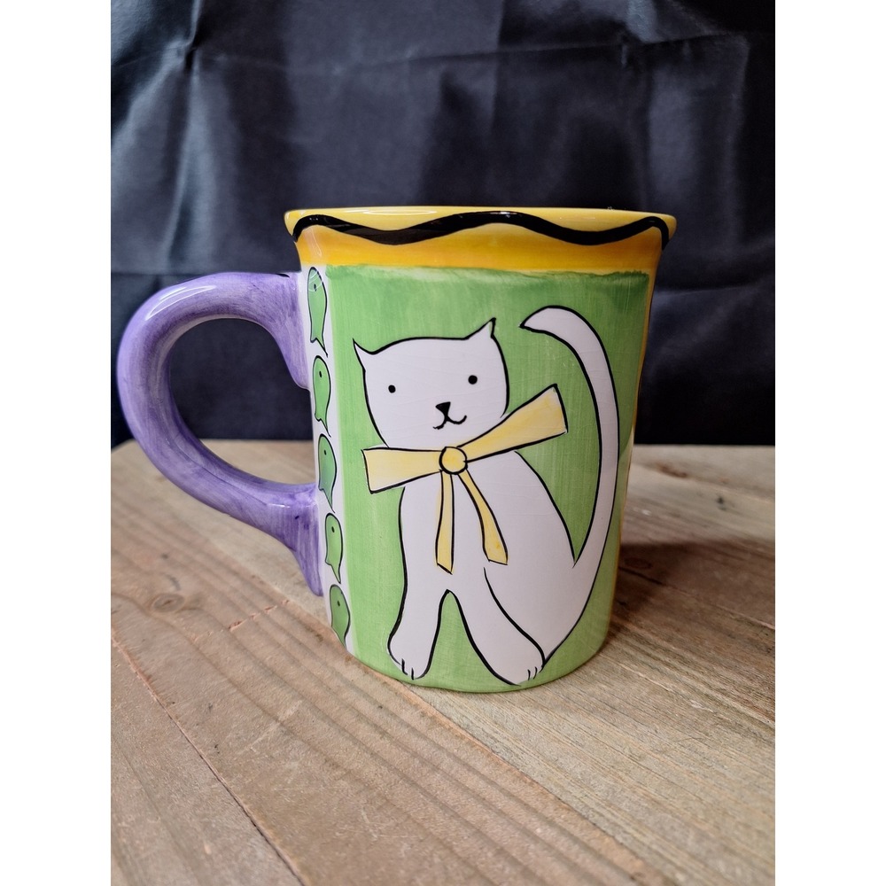 Vintage 1999 Whimsical Trish Richman Ceramic Mug Good Kitty Mug Purple Green Cat